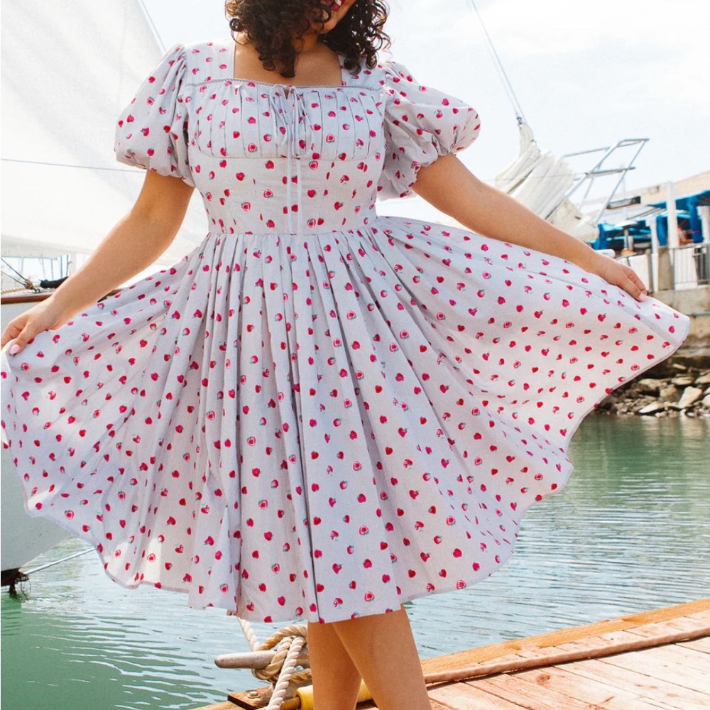 Ivy City Co Thea Striped Dress with Red Strawberry Print
